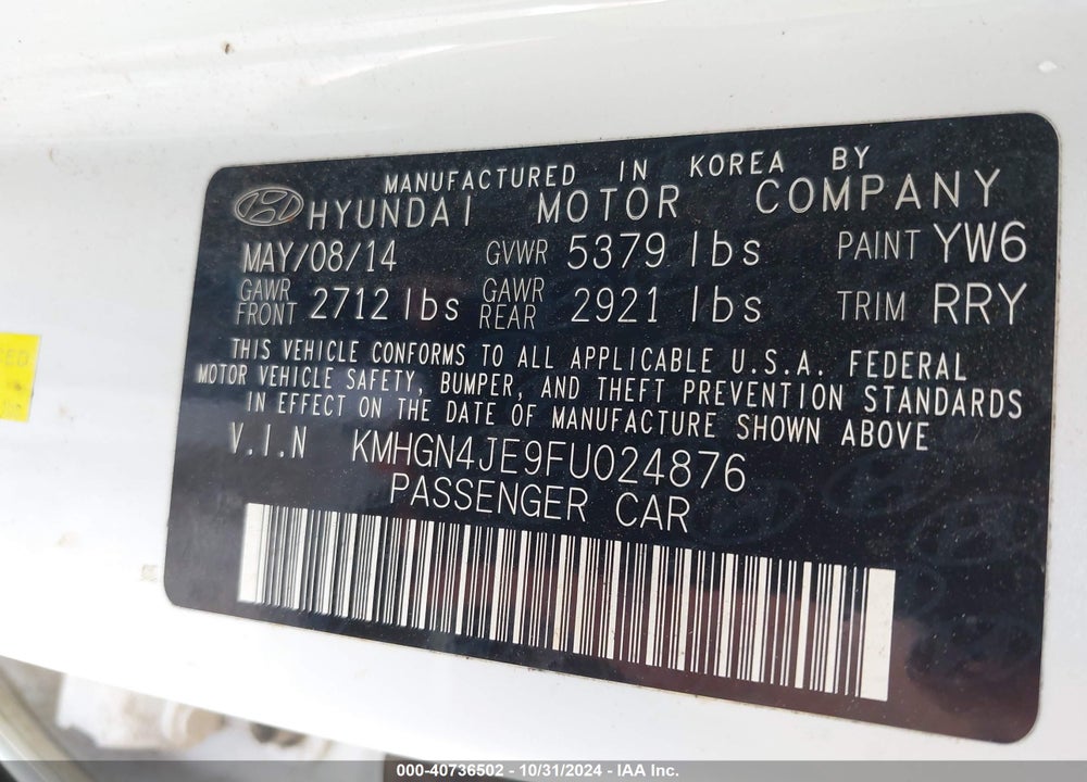 2015 HYUNDAI GENESIS 3.8 VIN: KMHGN4JE9FU024876