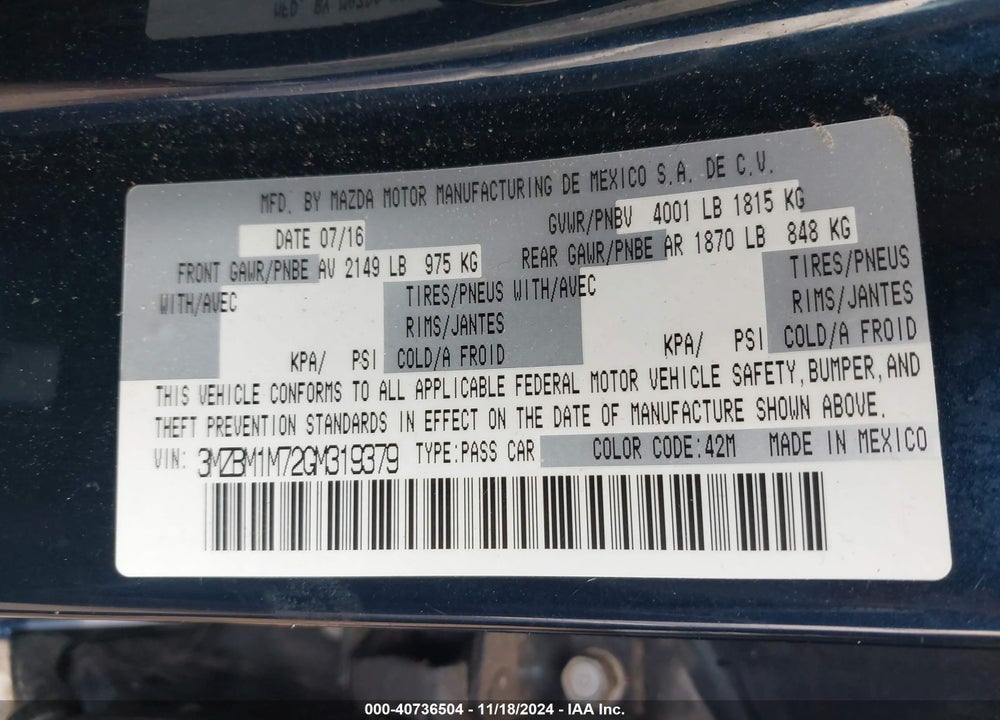 2016 MAZDA 3 I TOURING VIN: 3MZBM1M72GM319379