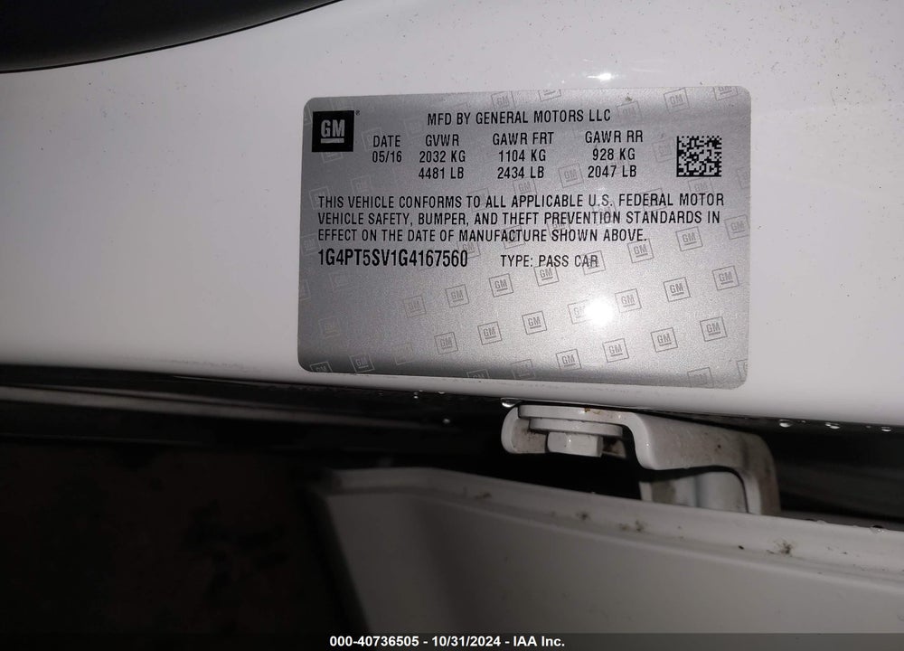2016 BUICK VERANO PREMIUM TURBO GROUP VIN: 1G4PT5SV1G4167560