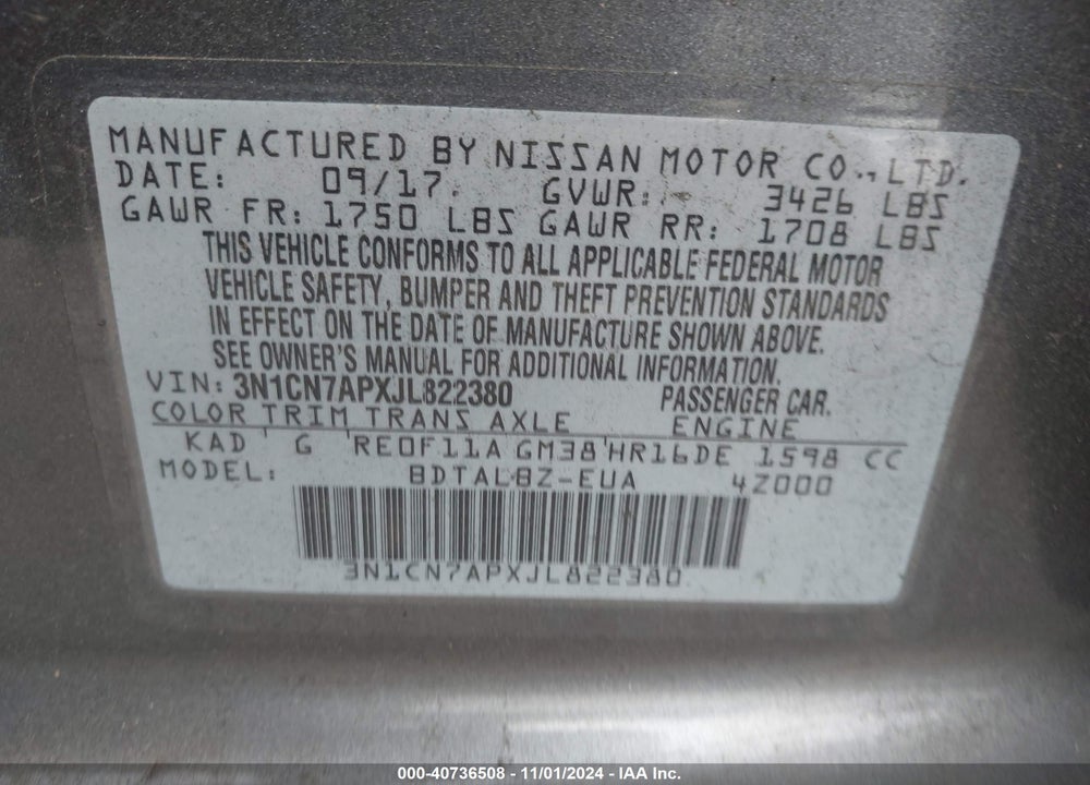 2018 NISSAN VERSA 1.6 SV VIN: 3N1CN7APXJL822380