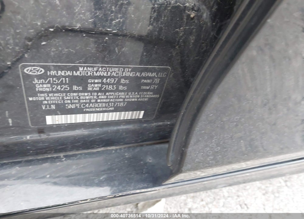 2011 HYUNDAI SONATA SE 2.0T VIN: 5NPEC4AB0BH317187