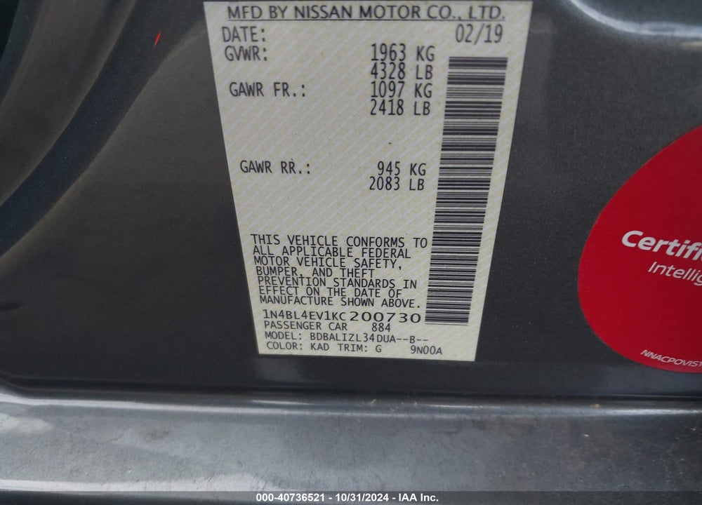 2019 NISSAN ALTIMA VIN: 1N4BL4EV1KC200730
