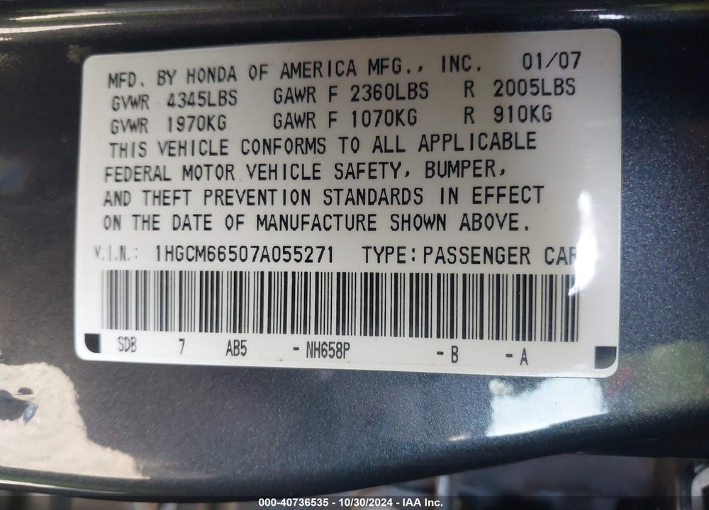 2007 HONDA ACCORD 3.0 EX VIN: 1HGCM66507A055271