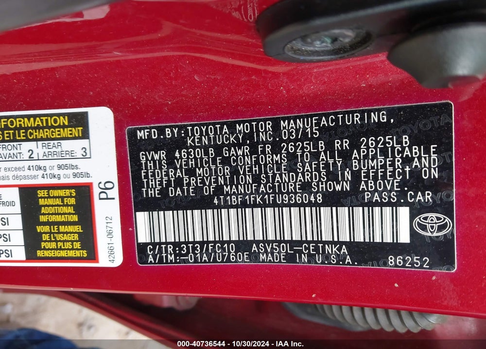 2015 TOYOTA CAMRY LE VIN: 4T1BF1FK1FU936048