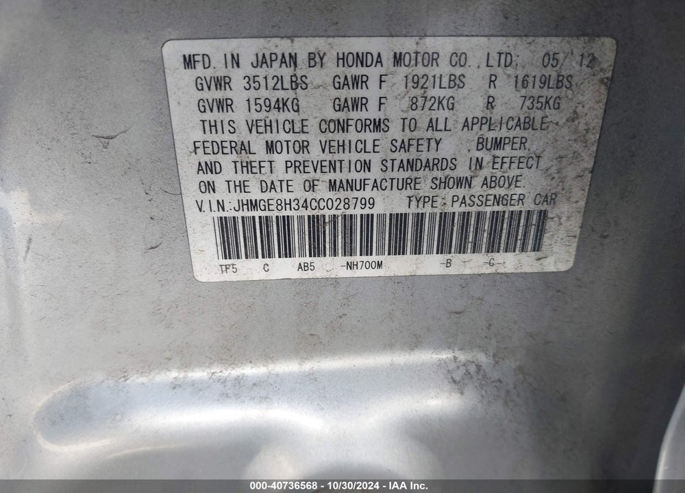 2012 HONDA FIT VIN: JHMGE8H34CC028799