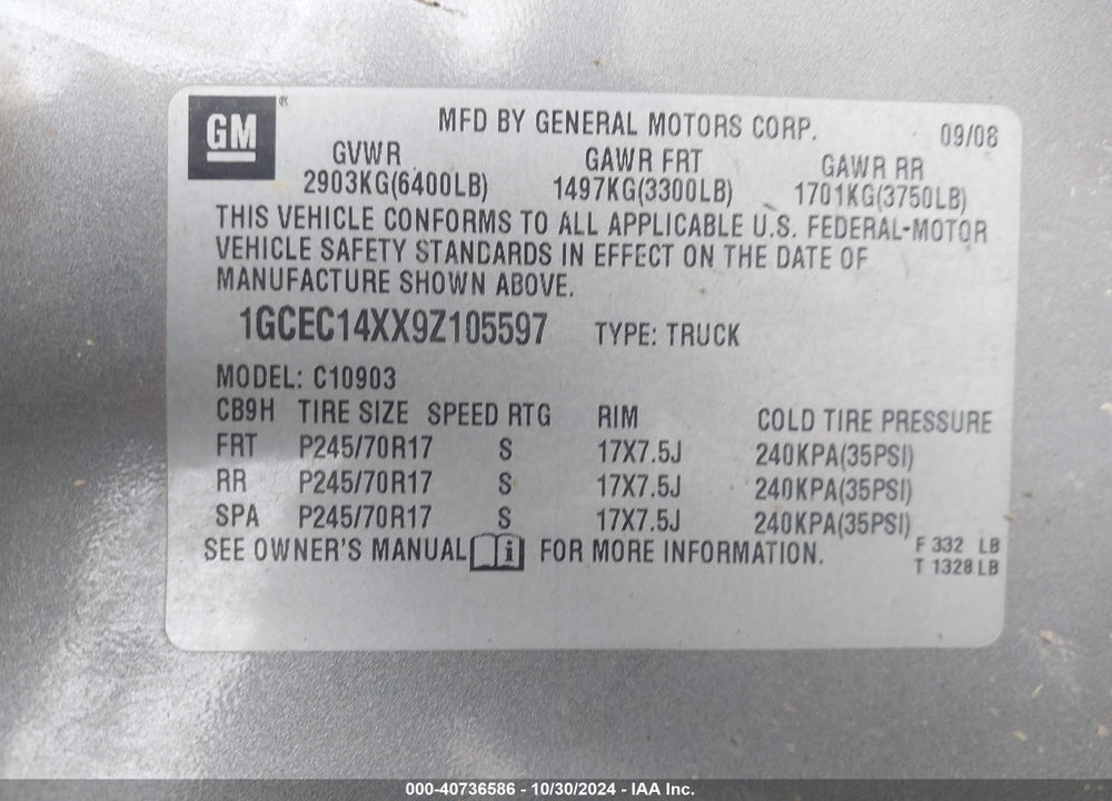 2009 CHEVROLET SILVERADO 1500 WORK TRUCK VIN: 1GCEC14XX9Z105597