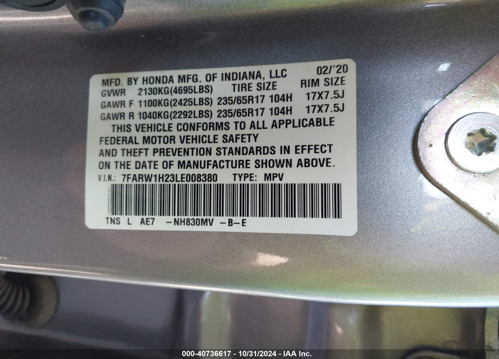 2020 HONDA CR-V 2WD LX VIN: 7FARW1H23LE008380
