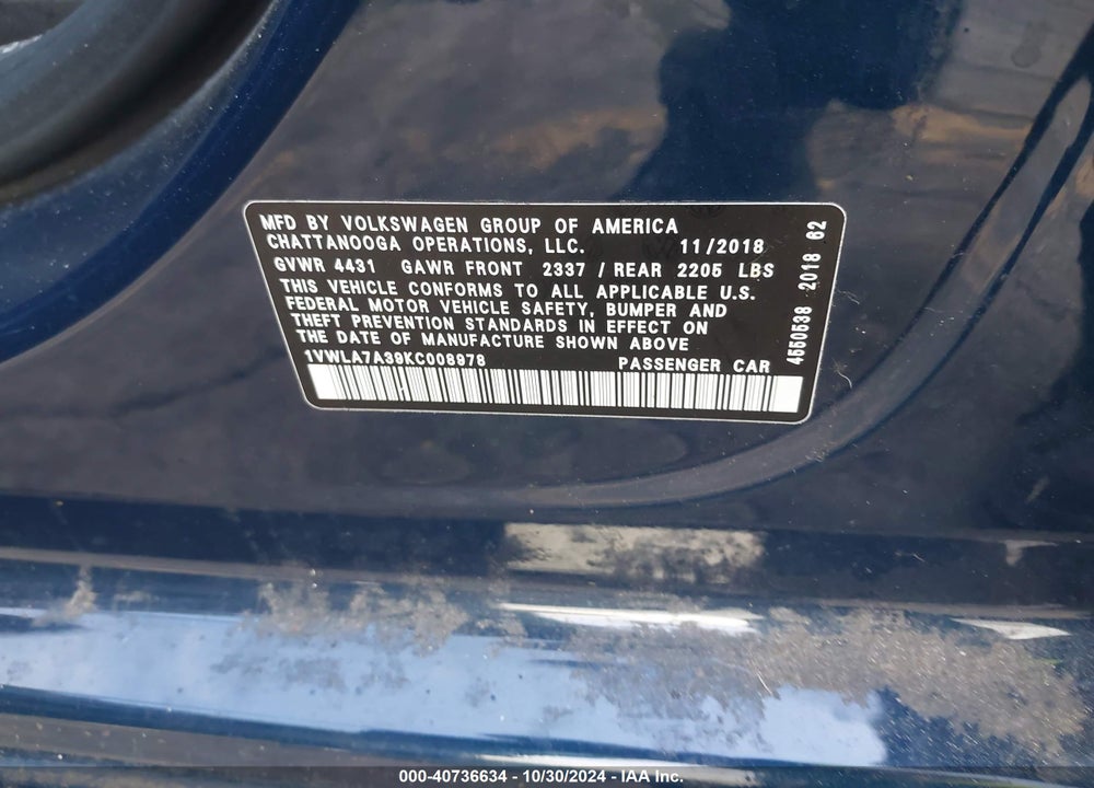 2019 VOLKSWAGEN PASSAT 2.0T WOLFSBURG EDITION VIN: 1VWLA7A39KC008978