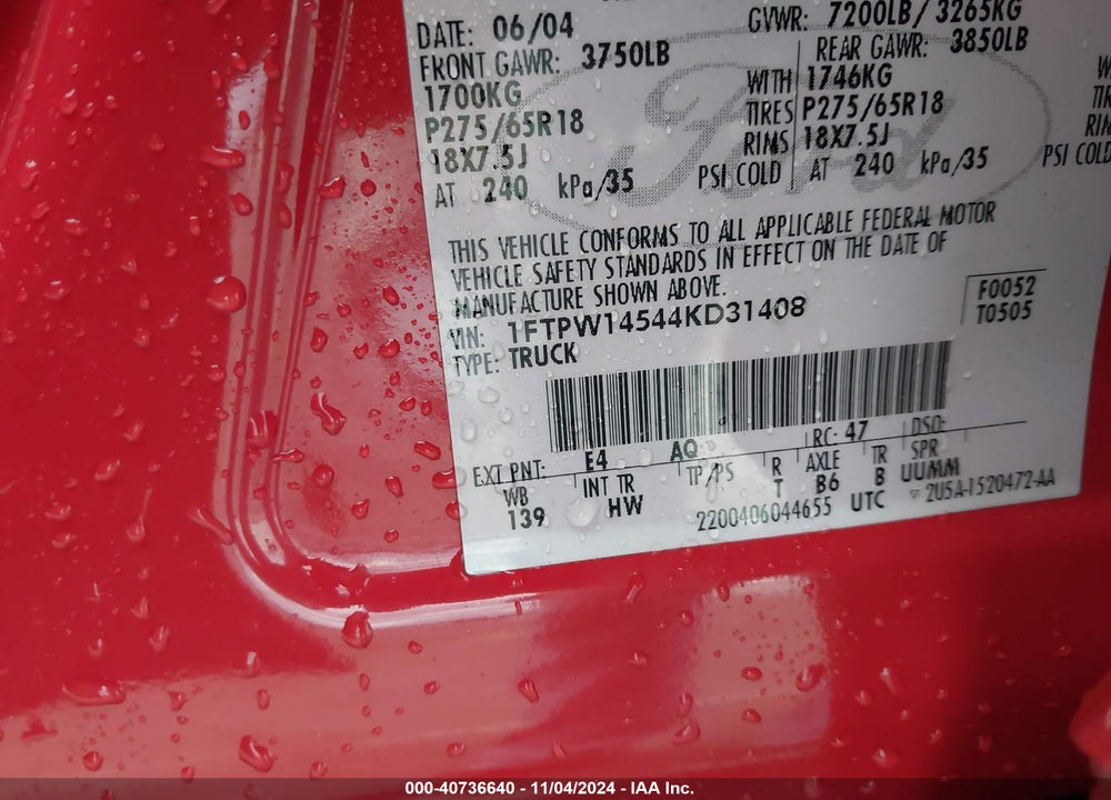 2004 FORD F-150 FX4/LARIAT/XLT VIN: 1FTPW14544KD31408