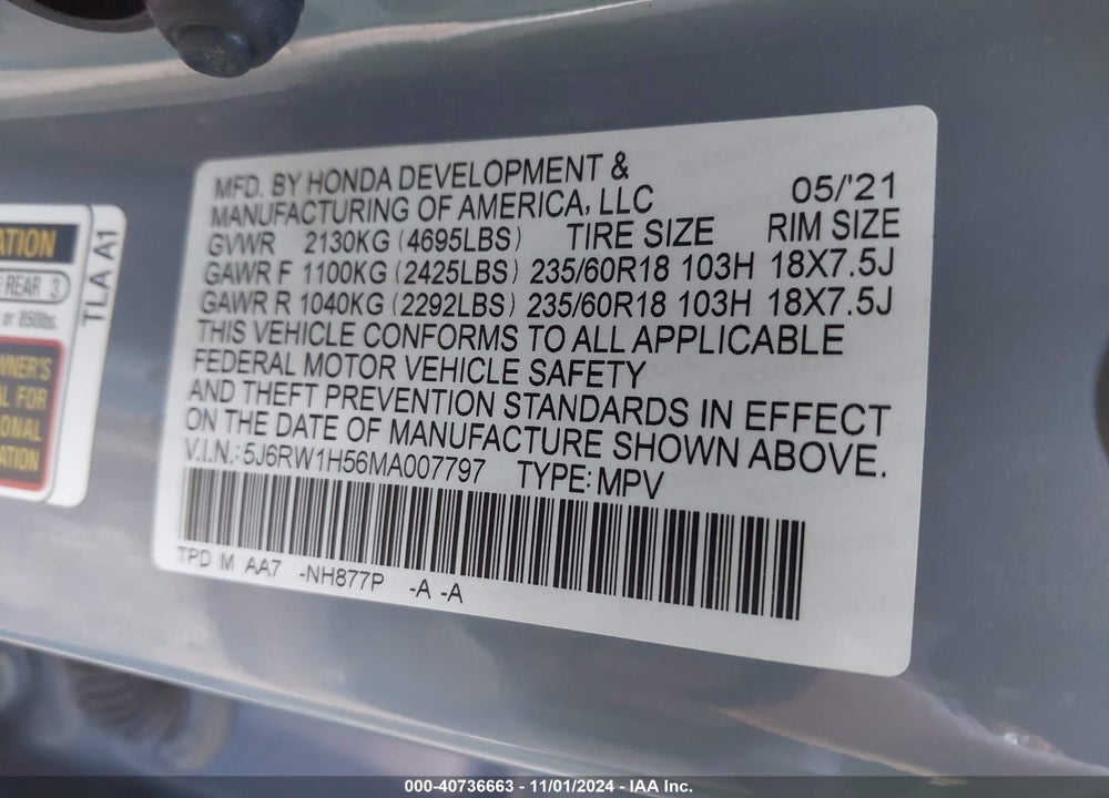 2021 HONDA CR-V 2WD EX VIN: 5J6RW1H56MA007797