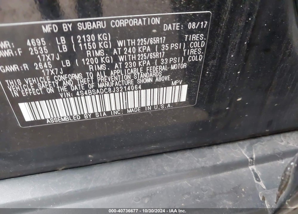 2018 SUBARU OUTBACK 2.5I PREMIUM VIN: 4S4BSADC8J3214064