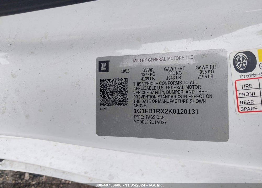 2019 CHEVROLET CAMARO 1LT VIN: 1G1FB1RX2K0120131