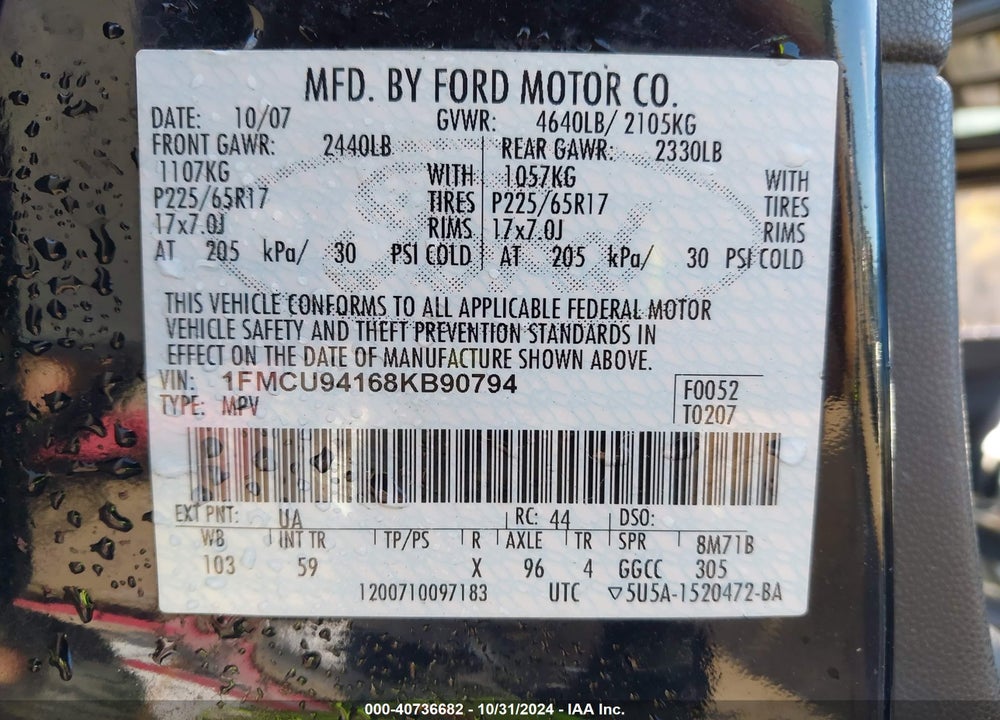 2008 FORD ESCAPE LIMITED VIN: 1FMCU94168KB90794