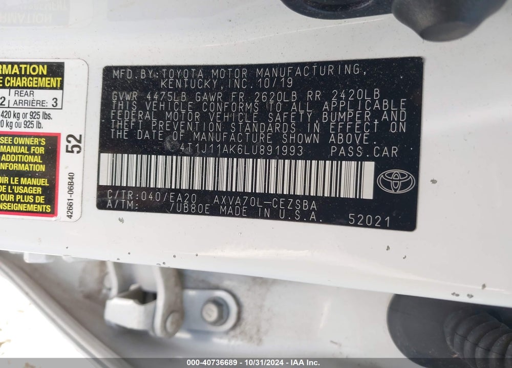 2020 TOYOTA CAMRY SE VIN: 4T1J11AK6LU891993