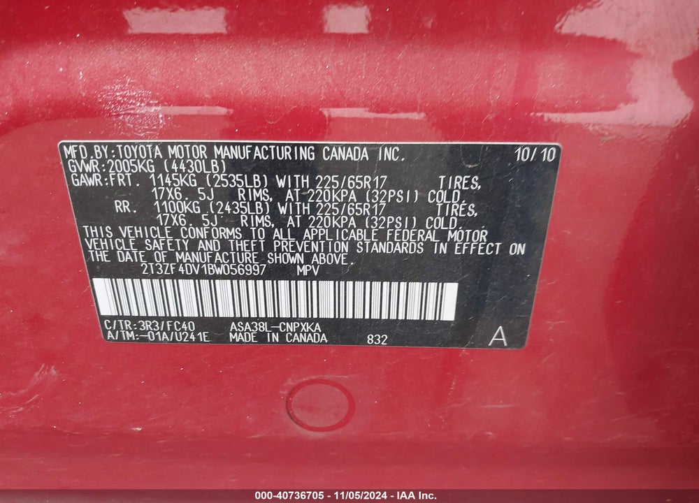 2011 TOYOTA RAV4 VIN: 2T3ZF4DV1BW056997