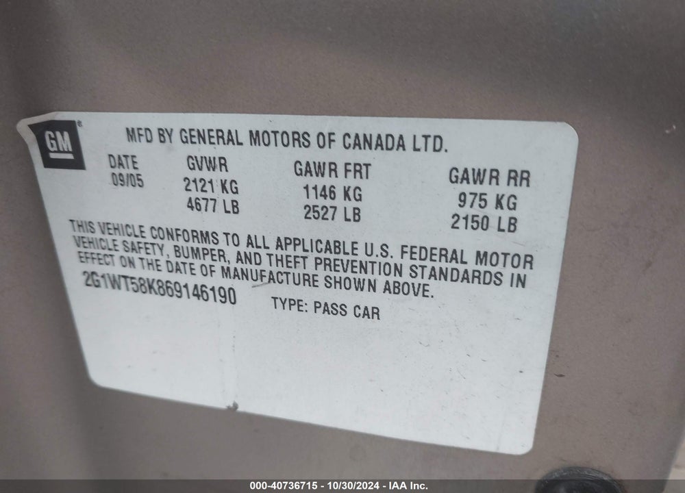 2006 CHEVROLET IMPALA LT VIN: 2G1WT58K869146190