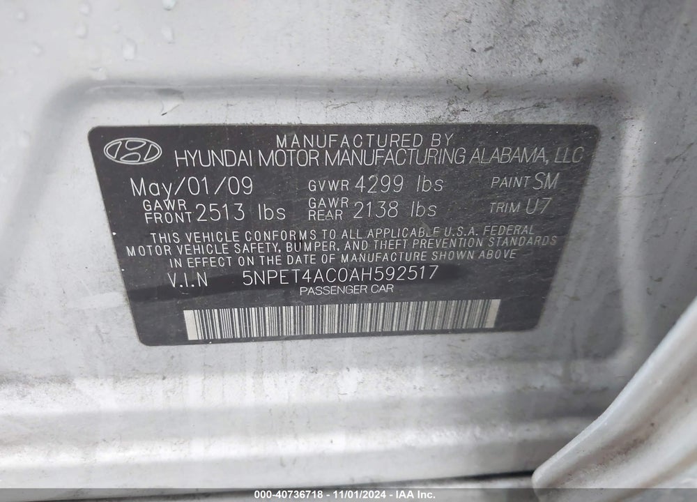 2010 HYUNDAI SONATA GLS VIN: 5NPET4AC0AH592517