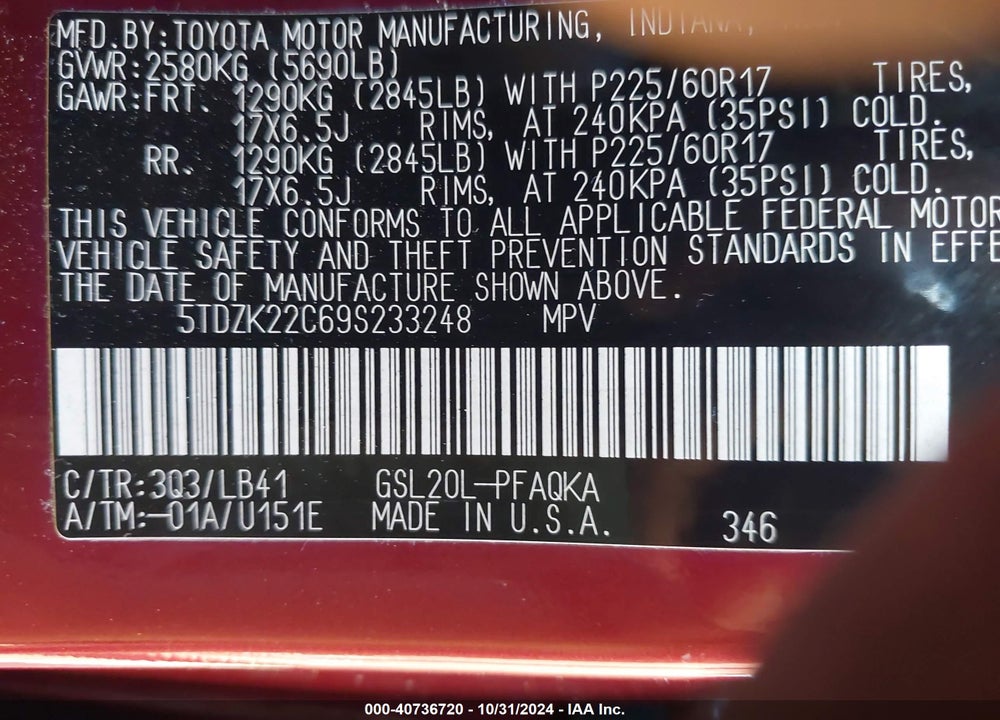 2009 TOYOTA SIENNA LIMITED VIN: 5TDZK22C69S233248