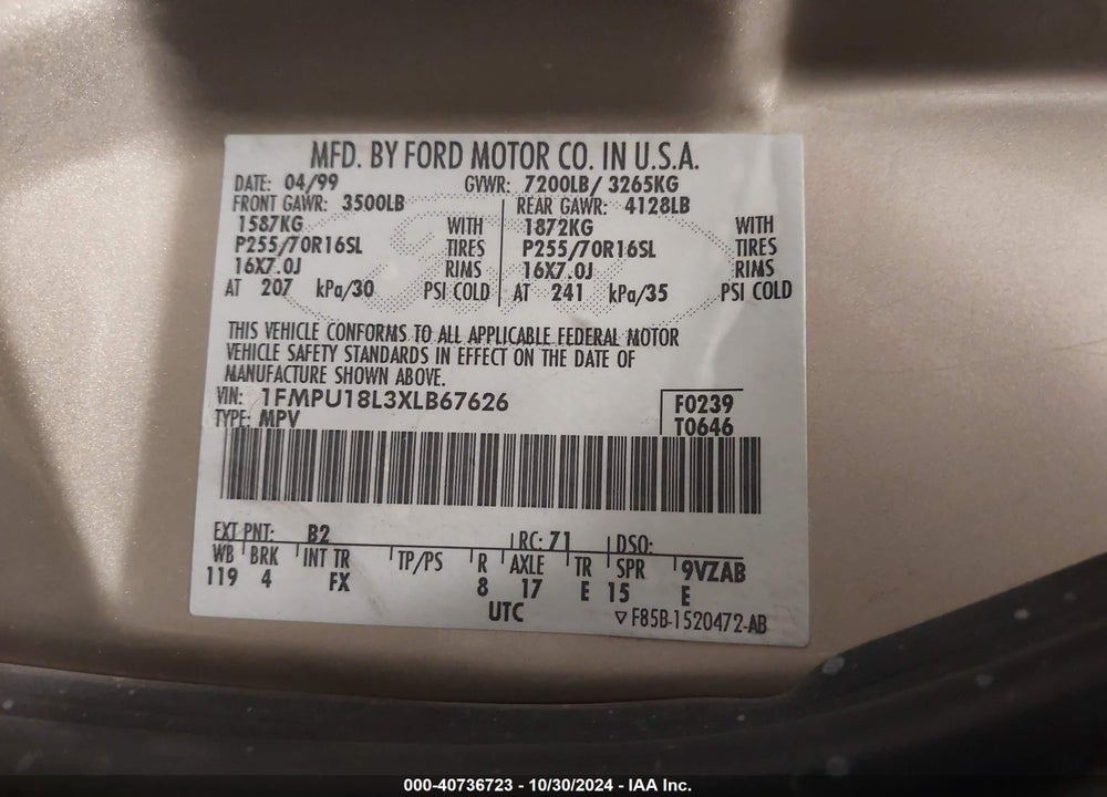 1999 FORD EXPEDITION EDDIE BAUER/XLT VIN: 1FMPU18L3XLB67626