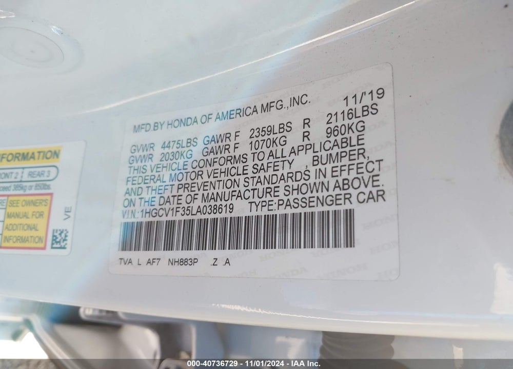 2020 HONDA ACCORD SPORT VIN: 1HGCV1F35LA038619
