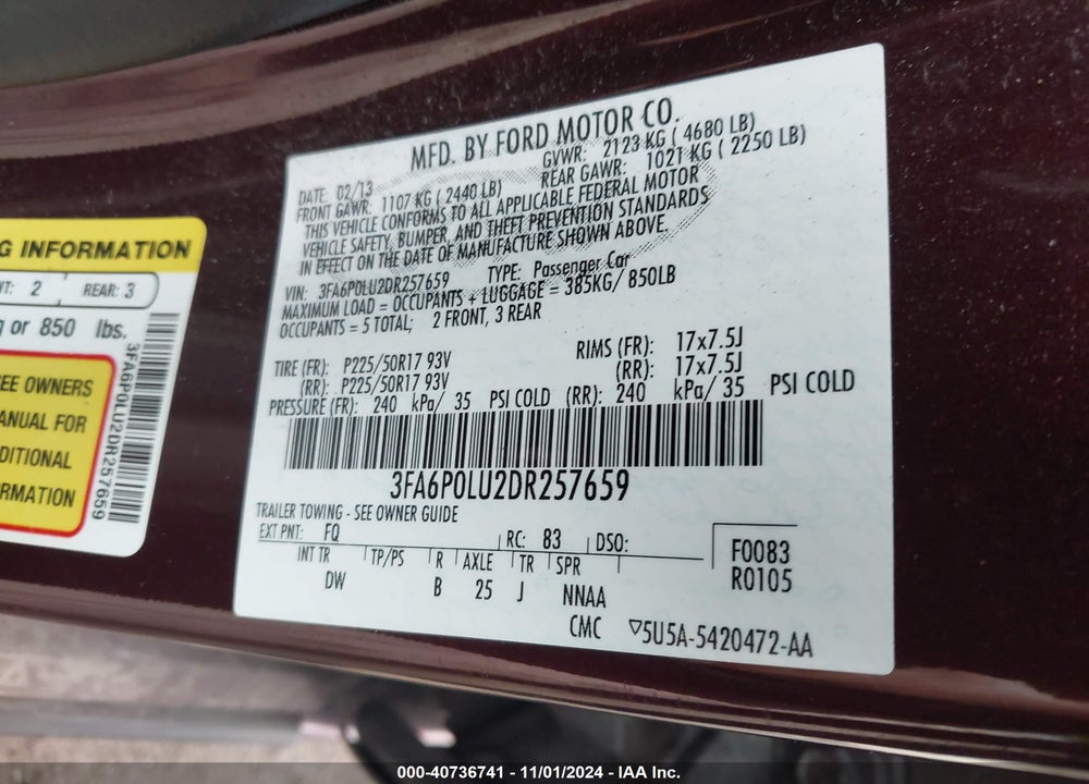 2013 FORD FUSION HYBRID SE VIN: 3FA6P0LU2DR257659
