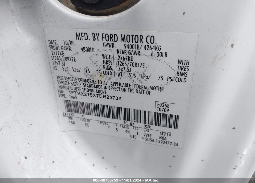 2007 FORD F-250 LARIAT/XL/XLT VIN: 1FTSX215X7EB25739