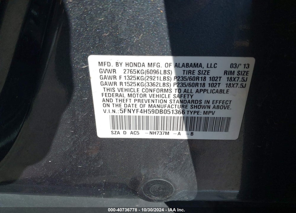 2013 HONDA PILOT EX-L VIN: 5FNYF4H59DB051366