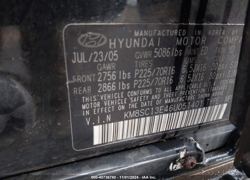 2006 HYUNDAI SANTA FE GLS/LIMITED VIN: KM8SC13E46U051401