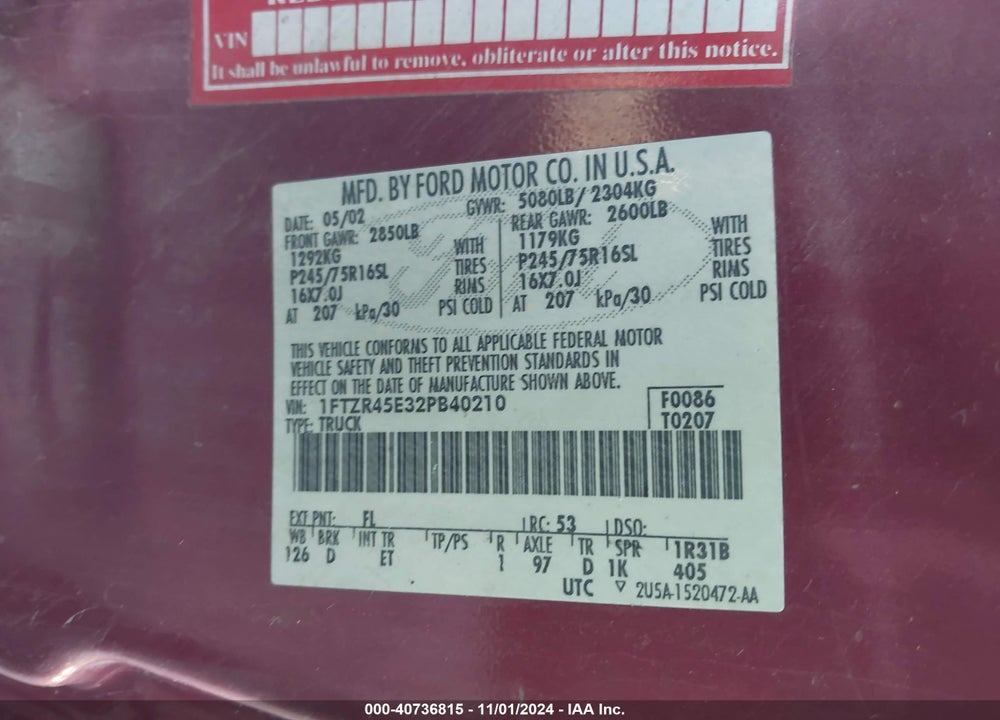 2002 FORD RANGER EDGE/XLT VIN: 1FTZR45E32PB40210