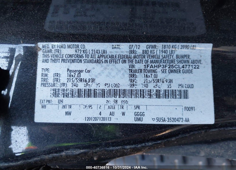 2012 FORD FOCUS SE VIN: 1FAHP3F25CL477122