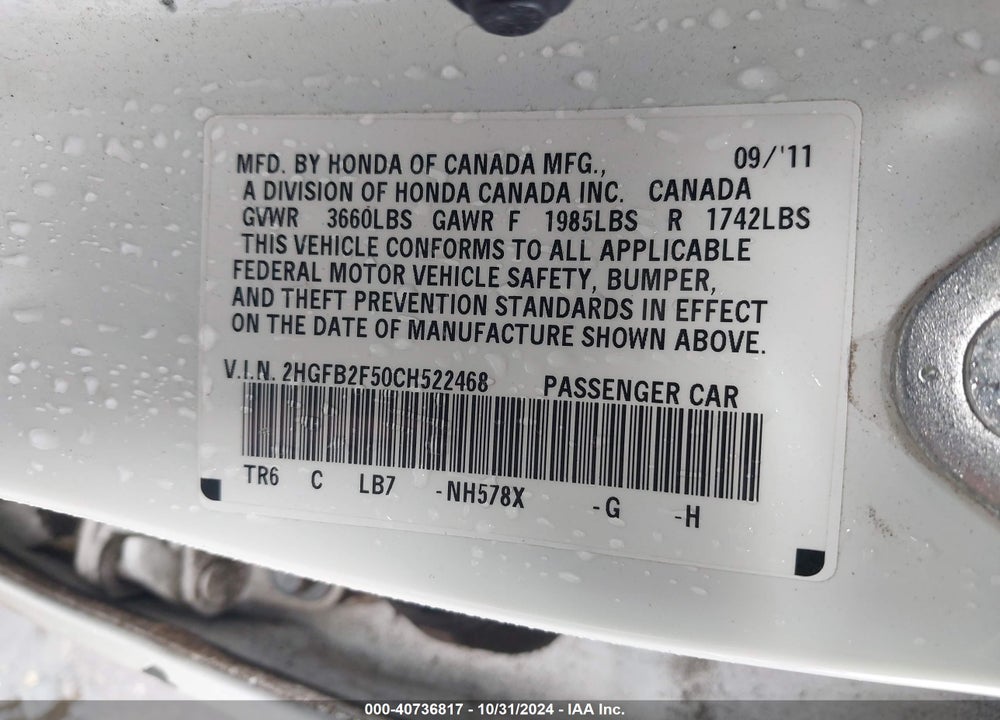 2012 HONDA CIVIC LX VIN: 2HGFB2F50CH522468