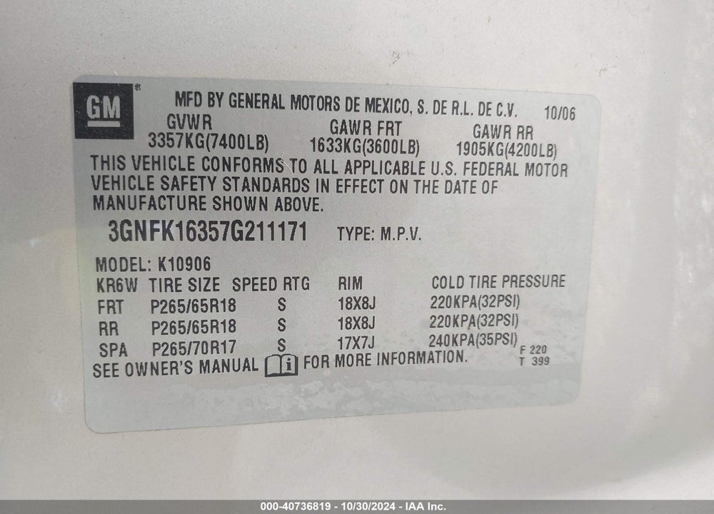2007 CHEVROLET SUBURBAN 1500 LT VIN: 3GNFK16357G211171