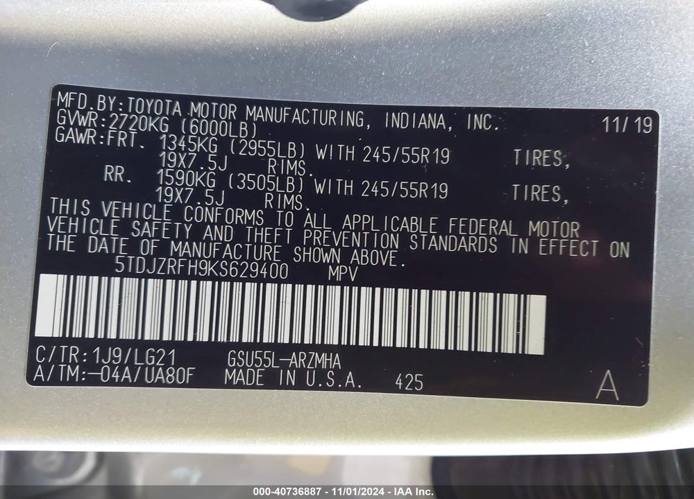 2019 TOYOTA HIGHLANDER SE VIN: 5TDJZRFH9KS629400