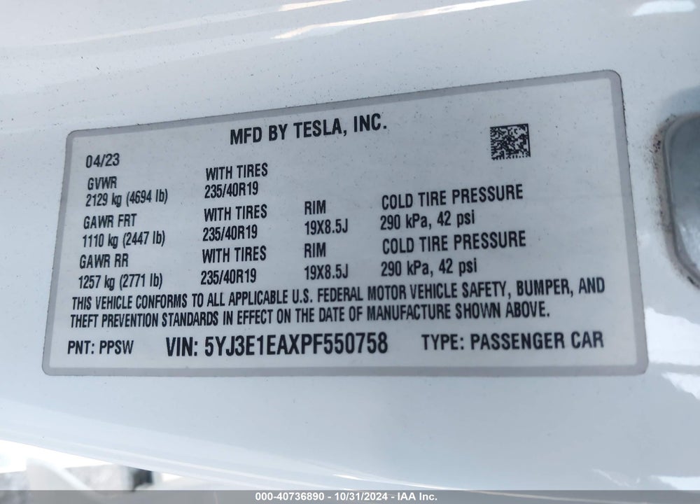 2023 TESLA MODEL 3 REAR-WHEEL DRIVE VIN: 5YJ3E1EAXPF550758