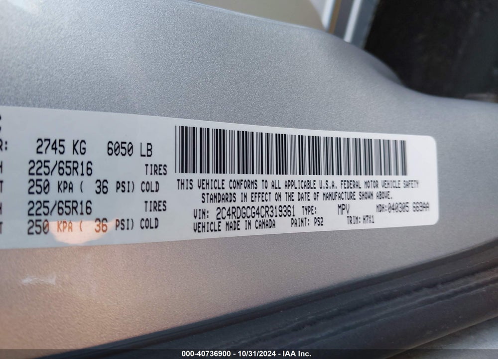 2012 DODGE GRAND CARAVAN SXT VIN: 2C4RDGCG4CR319361