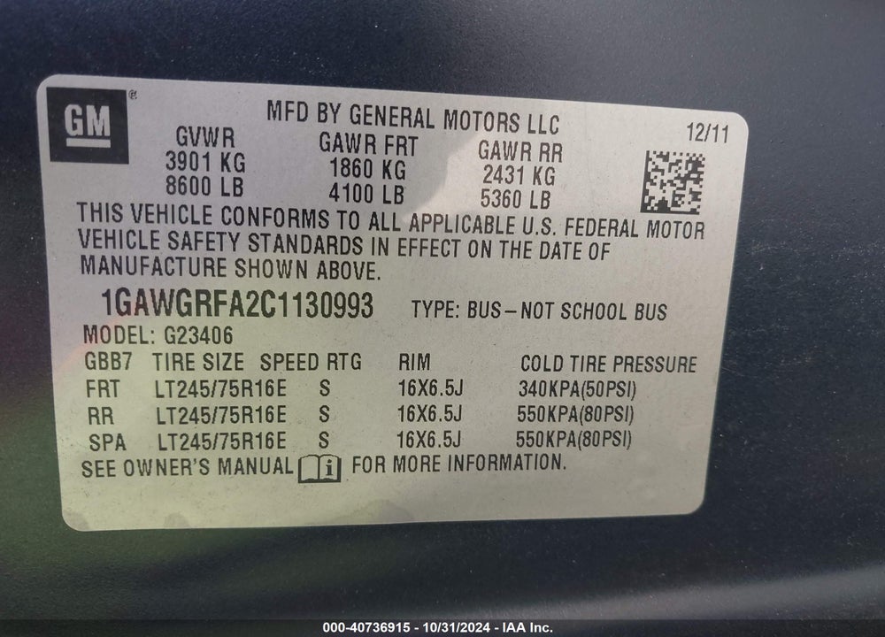 2012 CHEVROLET EXPRESS 2500 LT VIN: 1GAWGRFA2C1130993