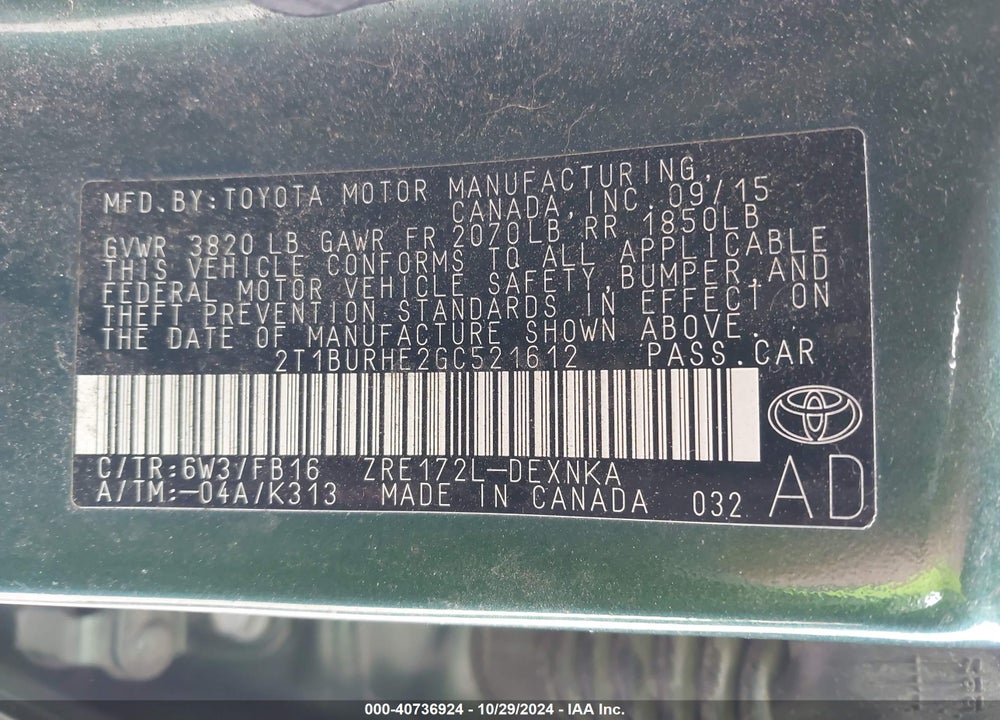 2016 TOYOTA COROLLA LE VIN: 2T1BURHE2GC521612