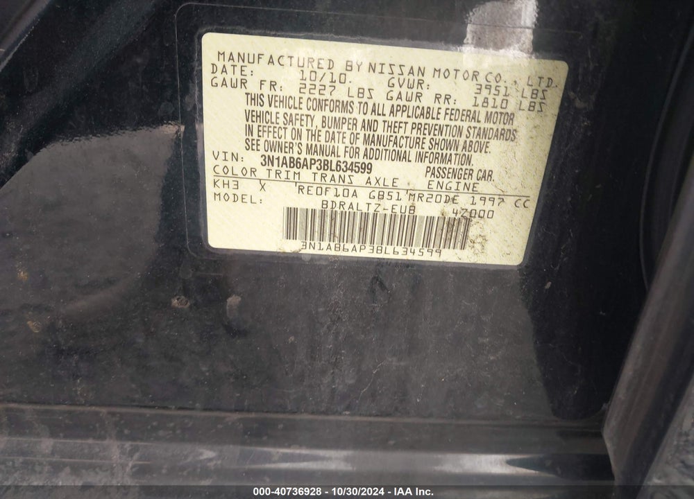 2011 NISSAN SENTRA VIN: 3N1AB6AP3BL634599