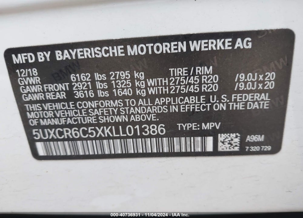 2019 BMW X5 XDRIVE40I VIN: 5UXCR6C5XKLL01386