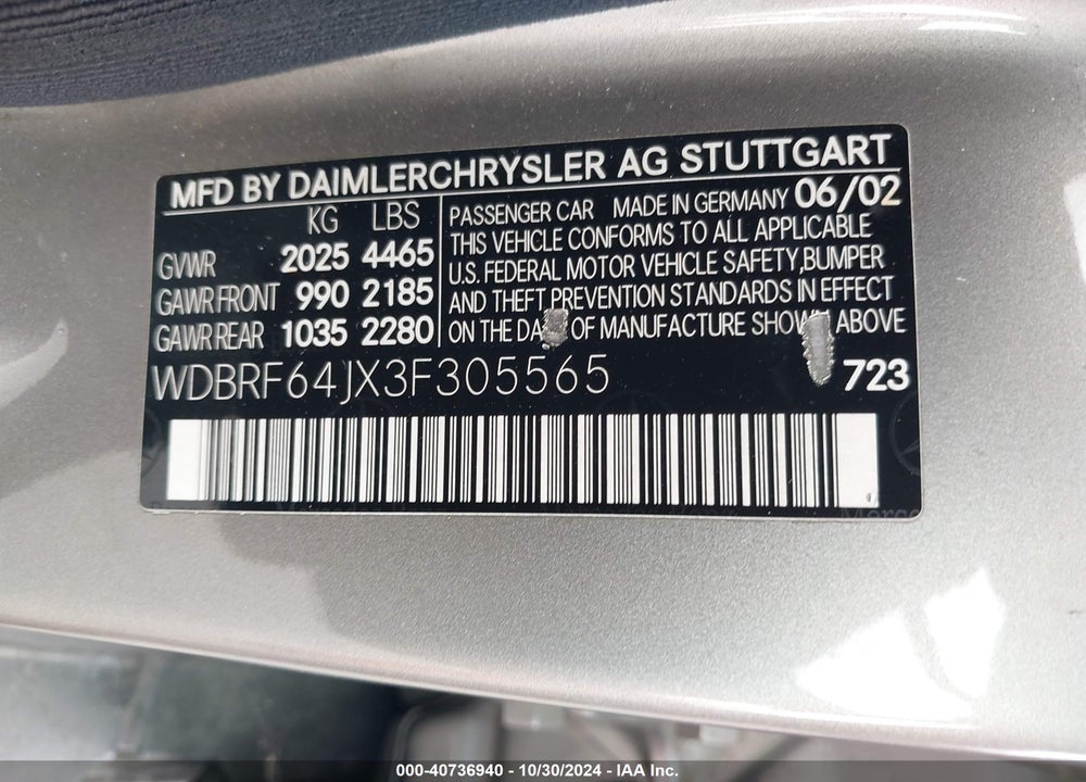 2003 MERCEDES-BENZ C 320 SPORT VIN: WDBRF64JX3F305565