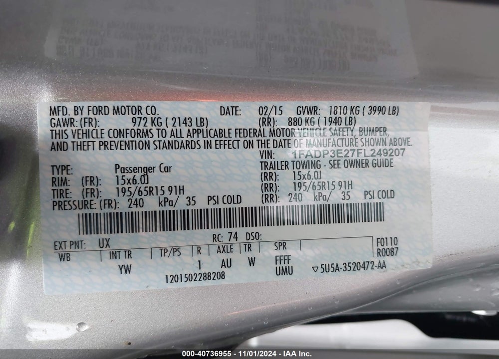 2015 FORD FOCUS VIN: 1FADP3E27FL249207