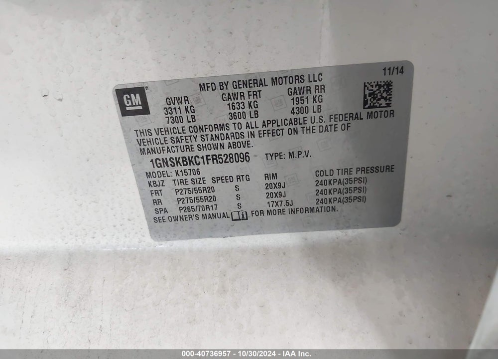 2015 CHEVROLET TAHOE LT VIN: 1GNSKBKC1FR528096