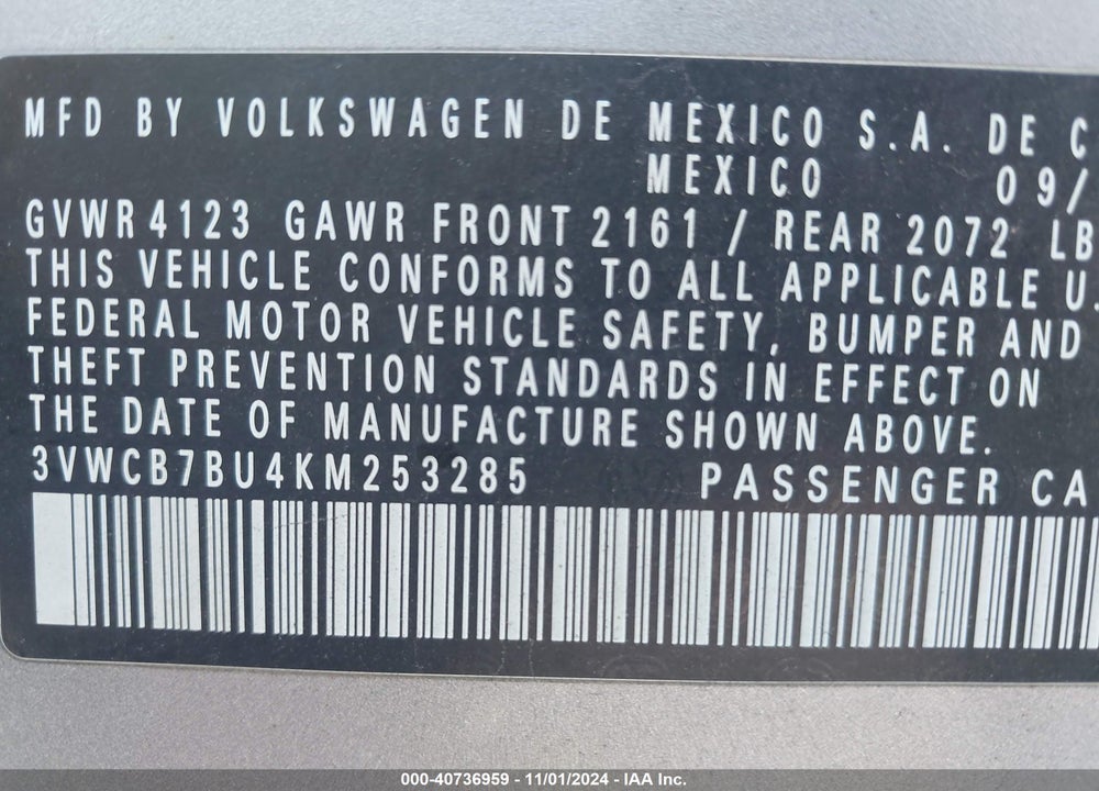 2019 VOLKSWAGEN JETTA 1.4T R-LINE/1.4T S/1.4T SE VIN: 3VWCB7BU4KM253285