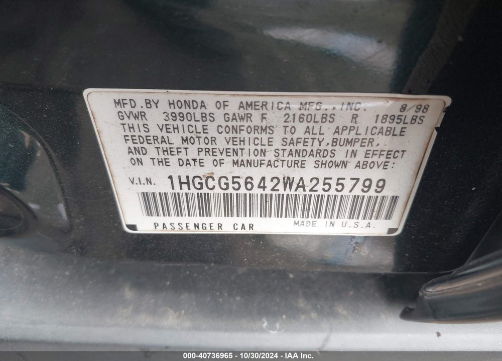 1998 HONDA ACCORD LX VIN: 1HGCG5642WA255799