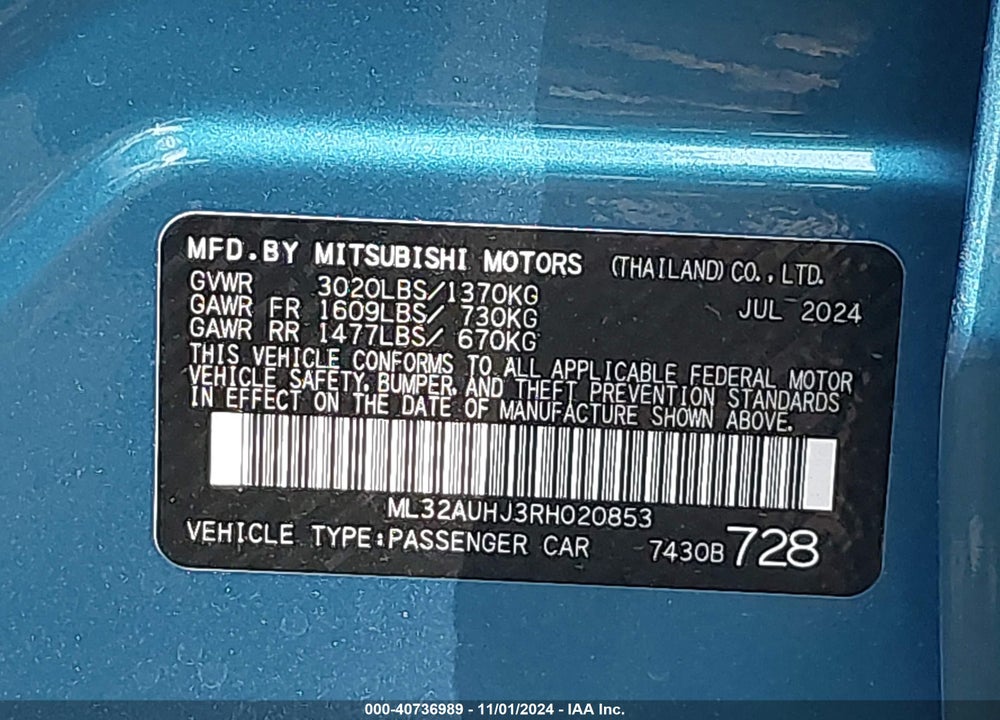 2024 MITSUBISHI MIRAGE ES/LE VIN: ML32AUHJ3RH020853