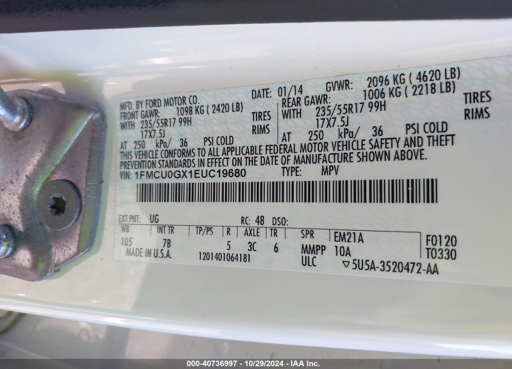 2014 FORD ESCAPE SE VIN: 1FMCU0GX1EUC19680