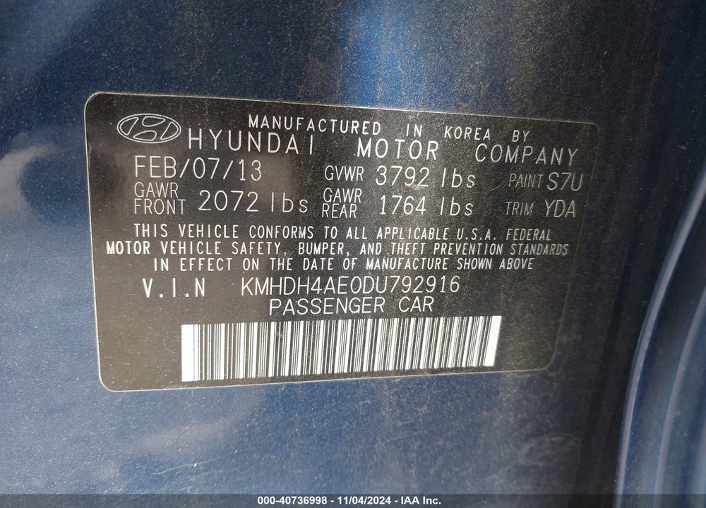 2013 HYUNDAI ELANTRA GLS VIN: KMHDH4AE0DU792916