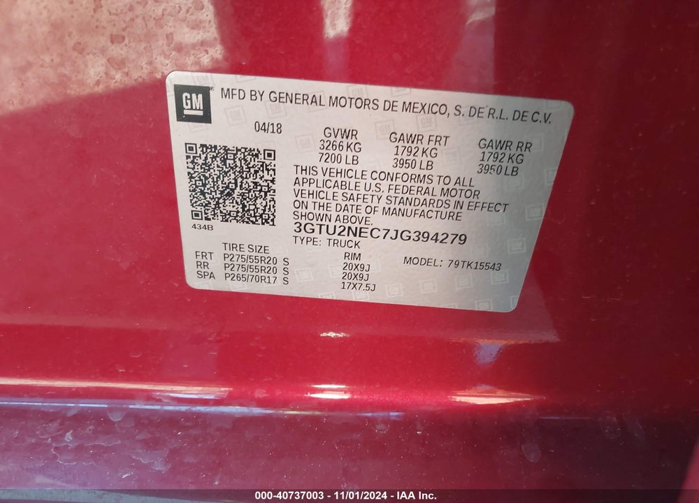 2018 GMC SIERRA 1500 SLT VIN: 3GTU2NEC7JG394279