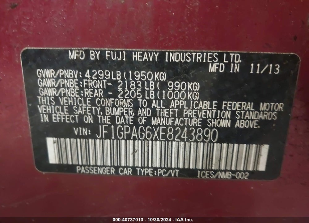 2014 SUBARU IMPREZA 2.0I LIMITED VIN: JF1GPAG6XE8243890