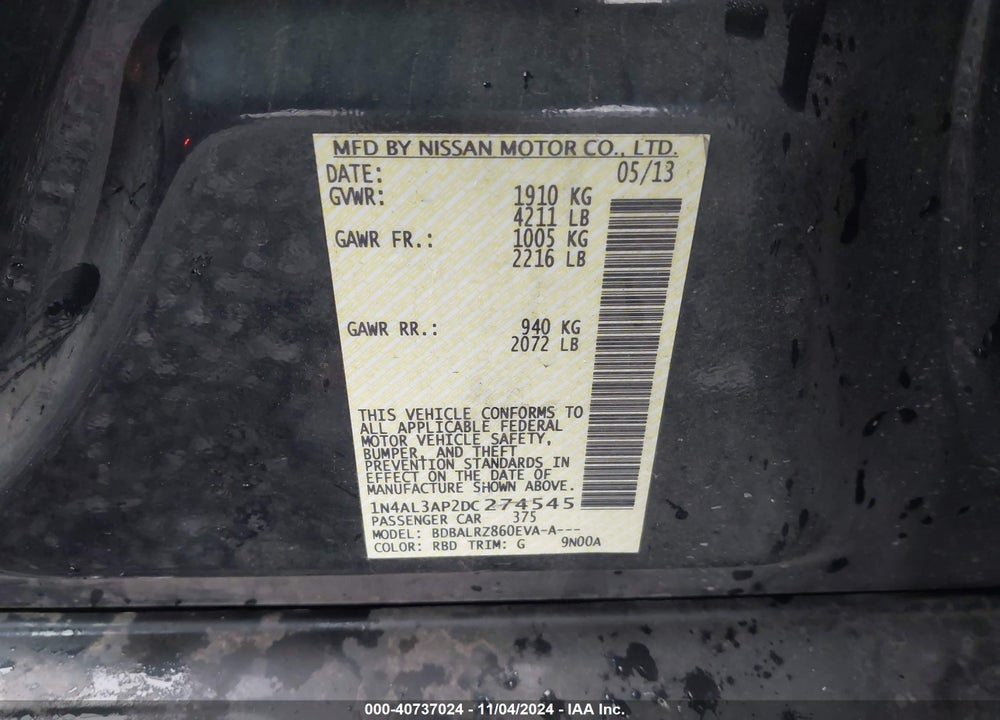 2013 NISSAN ALTIMA 2.5 S VIN: 1N4AL3AP2DC274545